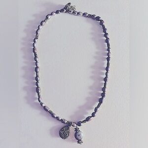 Necklace pearls Peacock, Gray Freshwater Pearl 16”, silver clasp, Silver Druzy